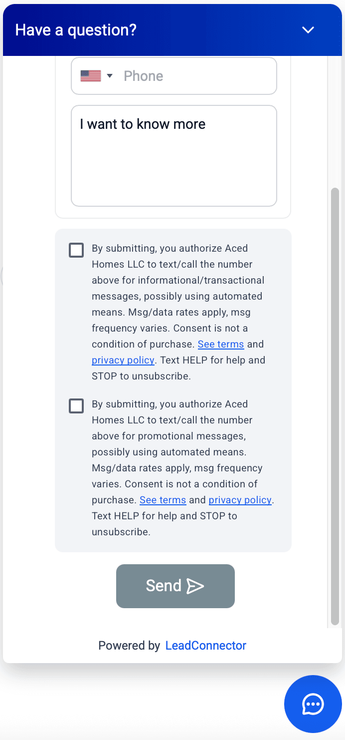 Aced Homes website chat widget showing the SMS consent checkbox and disclosure text
